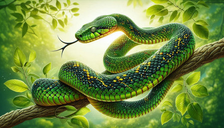 Green snake on a tree branch with leaves. 3d illustration.の写真素材