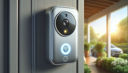 Digital composite of Security doorbell with 3D blue fingerprint. 3d rendering