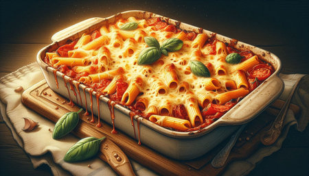 Baked pasta with tomato sauce and cheese in a baking dish on a wooden background