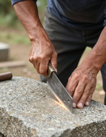 Hands of a man cutting a stone with a sharp knife.