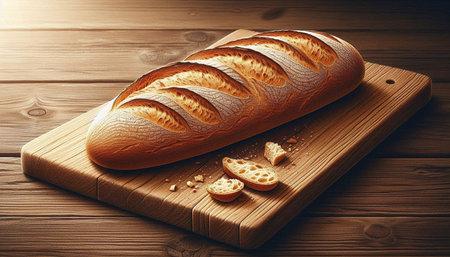 Freshly baked loaf of bread on cutting board. Toned image