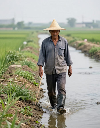Farmer working on the rice field in the countryside of Thailand.