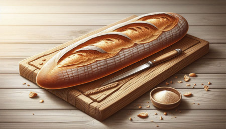 Freshly baked loaf of bread on wooden cutting board. 3D rendering