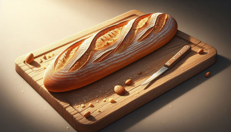 Sliced bread on a cutting board with a knife on a brown background