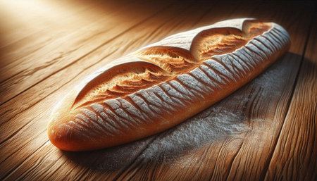 Freshly baked bread on wooden table, closeup. Bakery concept