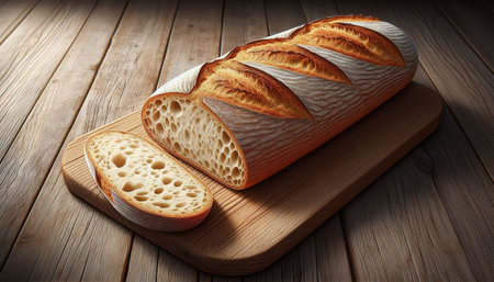 loaf of bread on a cutting board on a wooden background.