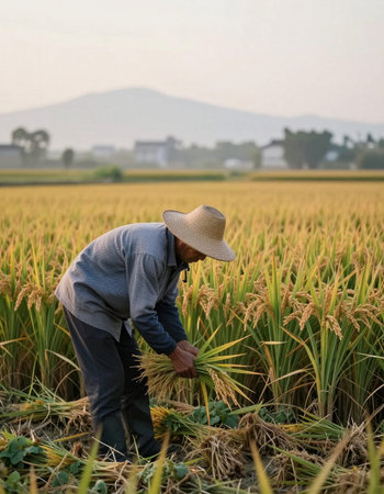 Farmer working in the rice field in the countryside of Thailand.