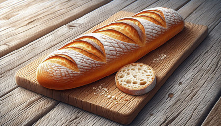 Loaf of bread on a wooden cutting board. 3d rendering