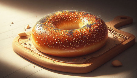 Bagel with sesame seeds on wooden background. Toned.