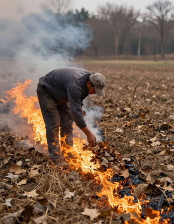 Farmer burning dry leaves in the field during the autumn season.