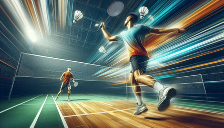 Badminton player in action at indoor sport arena. Mixed mediaの写真素材