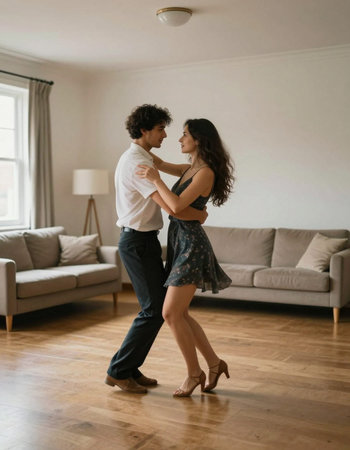 Side view of young couple dancing tango in living room at home