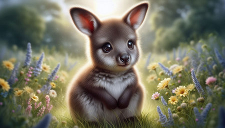 Cute kangaroo sitting in the meadow with flowers.の写真素材