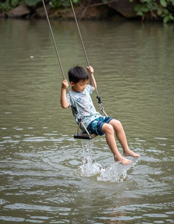 Little asian boy swinging on a swing in the river, Thailand.の写真素材