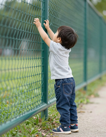 Cute little boy standing near the fence in the park on summer day
