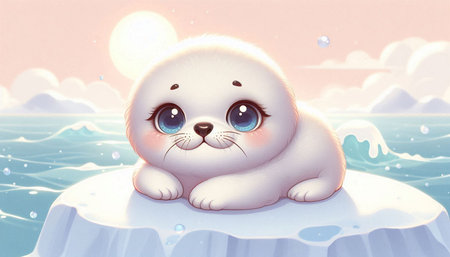 Cute seal on ice floe floating in the sea. Cartoon illustration.の写真素材