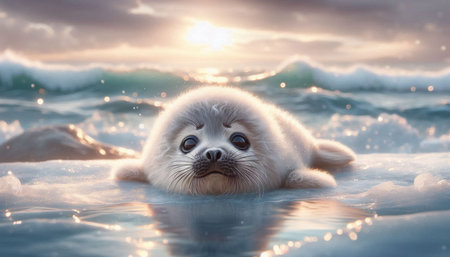 Seal pup in the water at sunset, 3D illustration.の写真素材