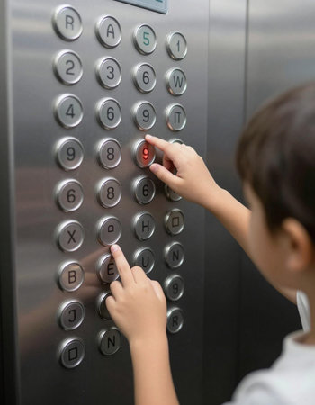 Cute little boy pressing the elevator button (selective focus)