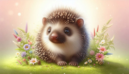 hedgehog with flowers on green meadow - 3d illustrationの写真素材