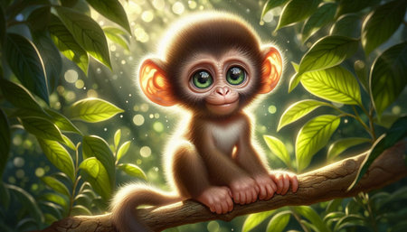 3d illustration of a cute little monkey sitting on a tree branch