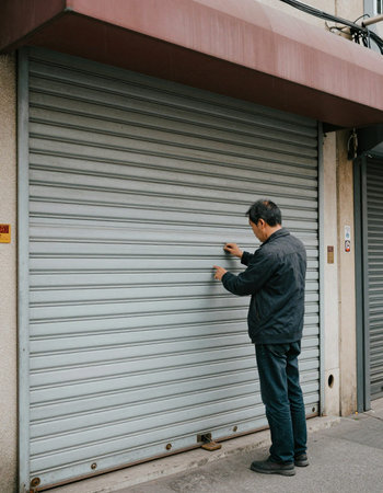 Asian man in black jacket and blue jeans leaning on a metal roller shutter door.