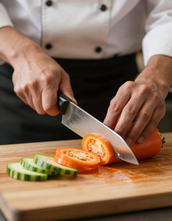 Close up of a male chef cutting vegetables on a wooden board.