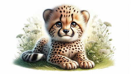 Cheetah cub sitting on grass with flowers. Digital painting.の写真素材