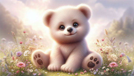 Cute teddy bear sitting in the meadow with flowers.