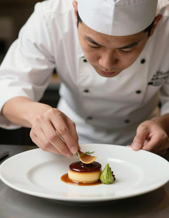 Chef decorating a dessert with a spoon of sauce in a restaurant