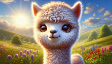 Cute alpaca in the meadow. 3D renderingの写真素材