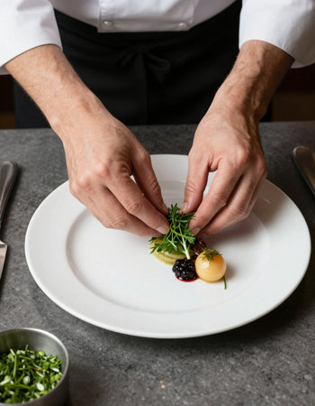 Chef hands decorating vegetable salad on white plate in restaurant kitchen