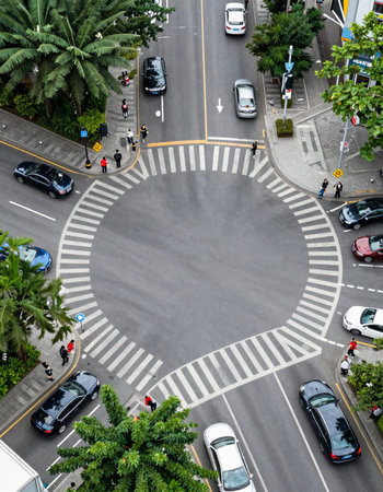 Aerial view of a road intersection with traffic and cars in Singaporeの写真素材