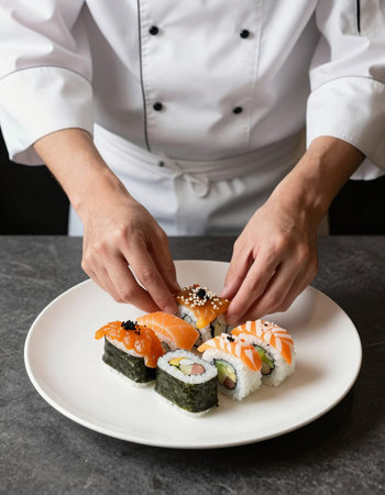 Female chef holding plate with delicious sushi on grey table, closeup