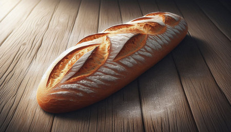 Bread on a wooden table with copy space. 3d illustration