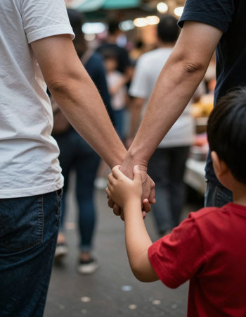 Close up of father and son holding hands while walking in the market
