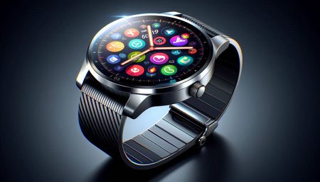 Smart watch with colorful application icons on the screen. 3D rendering