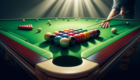 Billiard balls on green billiard table. Billiard concept.