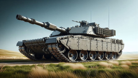 3D Render of a tank on the road in the desert.