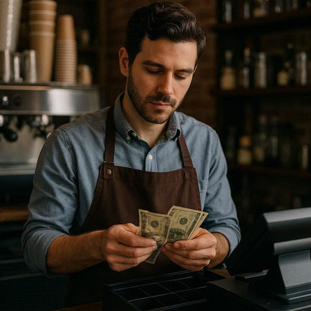 Handsome barista counting money at counter in coffee shop.