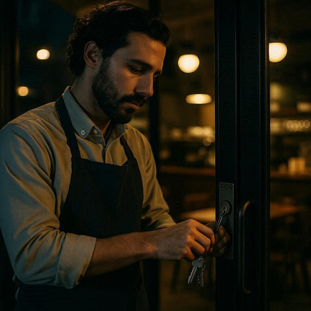 Portrait of a handsome waiter opening a door in a coffee shop