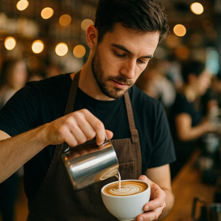 Barista pouring milk into cup of latte art coffee in cafe