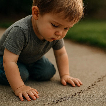 Little boy draws a star on the asphalt in the summer park.