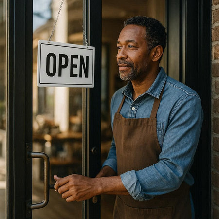 Portrait of mature African-American man wearing apron and holding open sign in front of his shop.