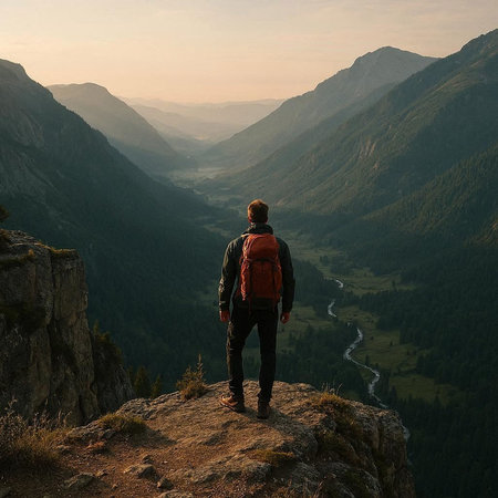 Hiker standing on the edge of the cliff and looking at the valley