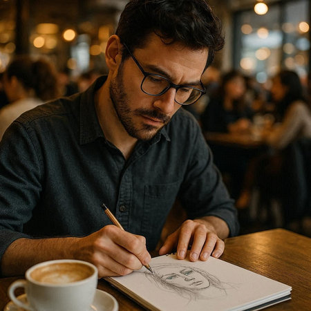 Young man in eyeglasses drawing a sketch in a cafe.