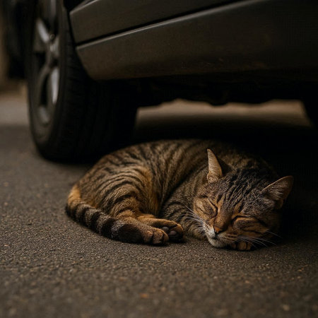 Tabby cat sleeping on the asphalt under the car. Selective focus.