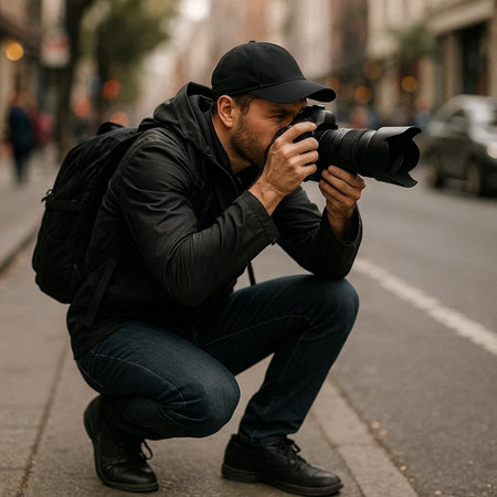 Professional photographer taking picture in city. Man in black jacket and cap with camera.