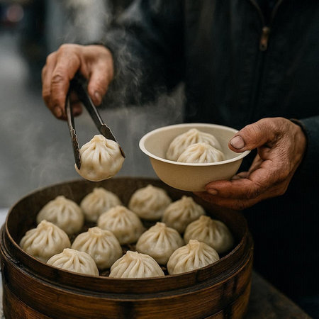 Steamed dumplings with meat and vegetables in a wooden bowl