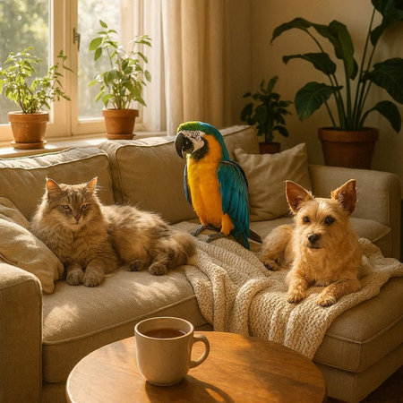 Cute dog, cat and parrot sitting on a sofa at home