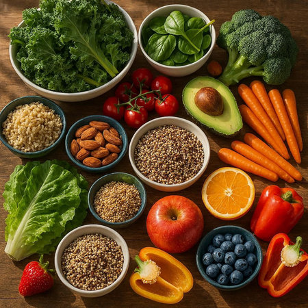 Healthy food background. Vegetables, fruits and superfoods